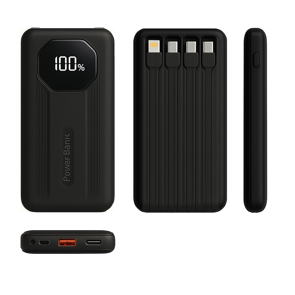 🔋Nunca te quedes sin batería ni luz cuando más lo necesitas.   Batería portátil 10.000 mAh · Carga rápida · Cables integrados (iPhone y Android)